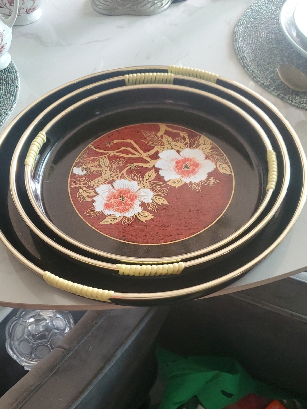 Black Floral Decorative Serving Trays with Gold Trim and Peach Flowers